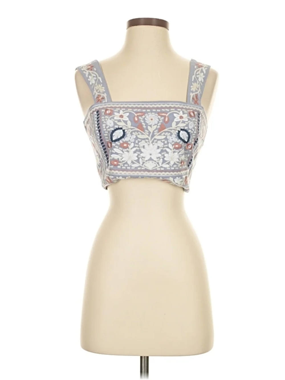 Embroidered Square-Neck Crop Top - Light Blue